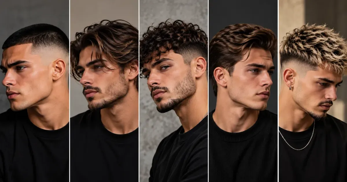 Cinco homens de perfil com cortes de cabelo masculino diferentes, de skin fade a cabelo comprido com textura