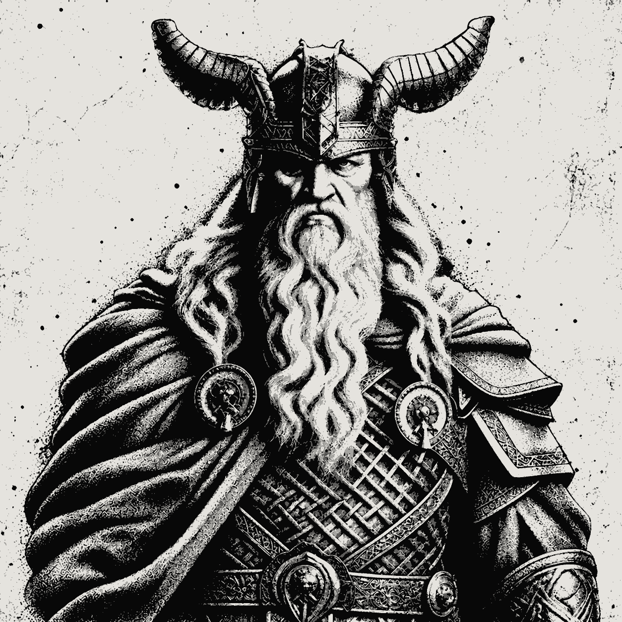 Ilustração de Odin, o deus viking, com elmo e barba longa