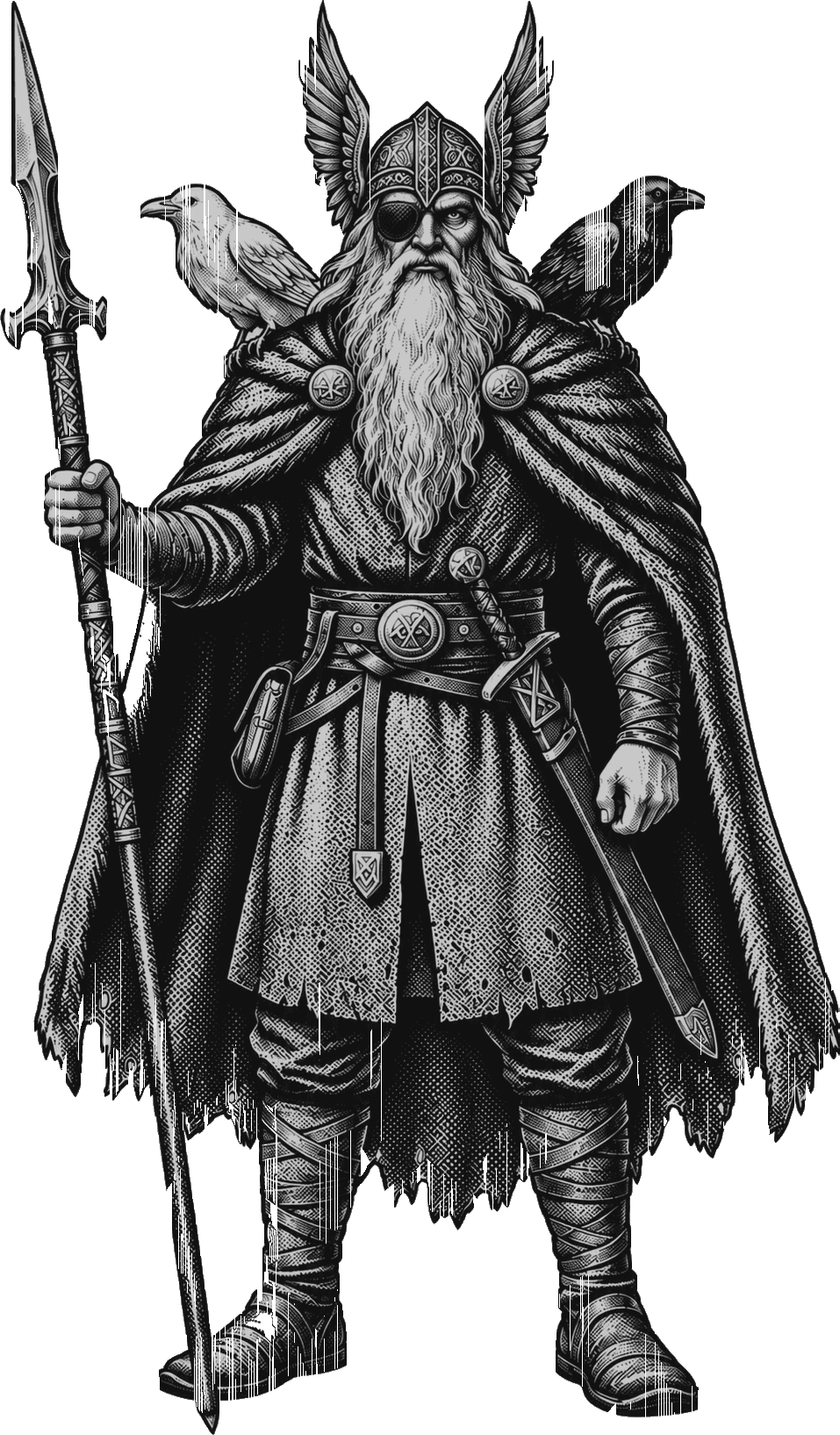 Odin com a lança e os seus dois corvos, a inspiração do logótipo Asgard